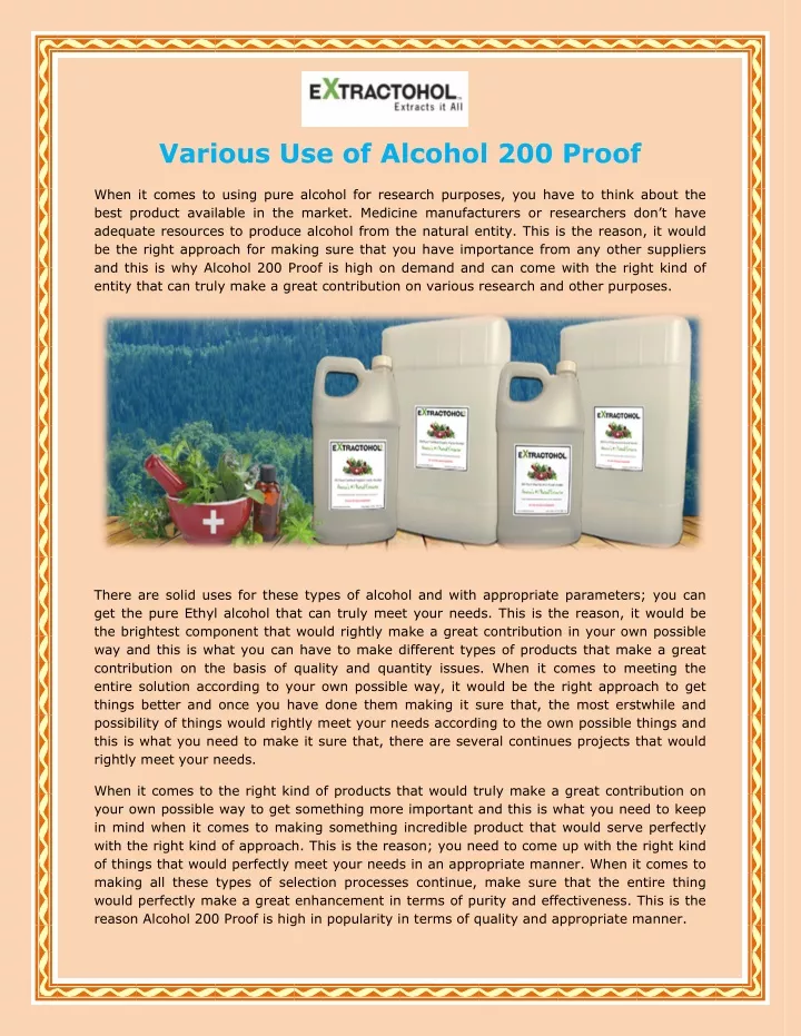 various use of alcohol 200 proof