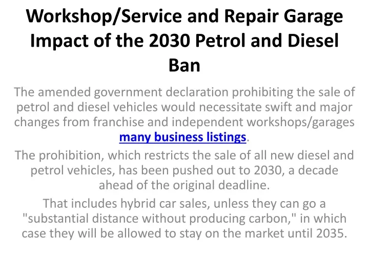 workshop service and repair garage impact of the 2030 petrol and diesel ban