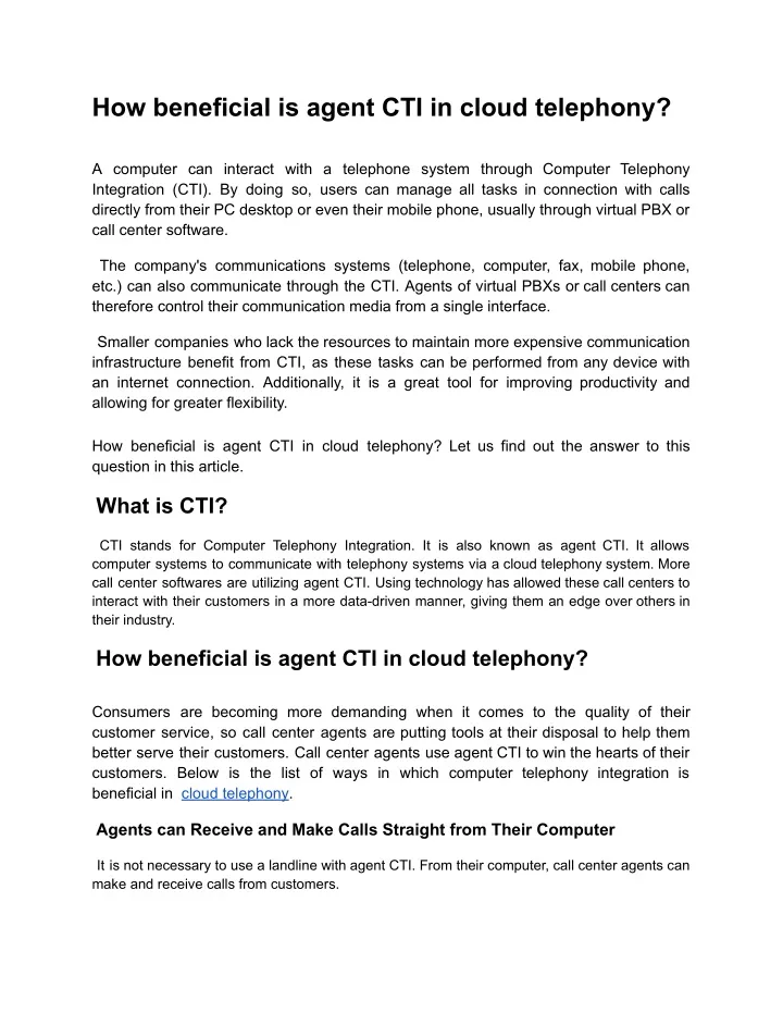 how beneficial is agent cti in cloud telephony