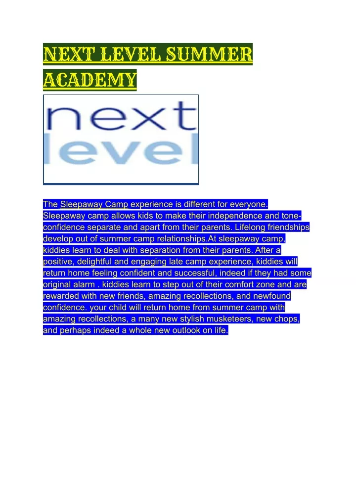 next level summer academy