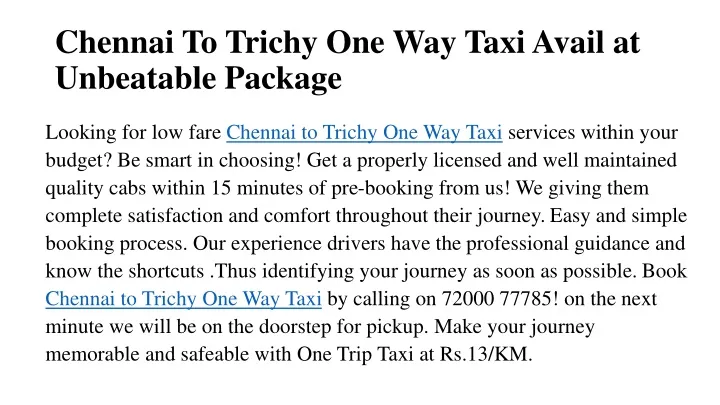 chennai to trichy one way taxiavail at unbeatable