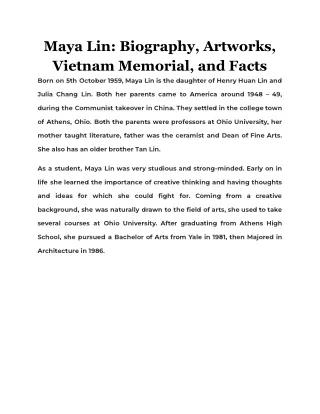 Maya Lin: Biography, Artworks, Vietnam Memorial, and Facts