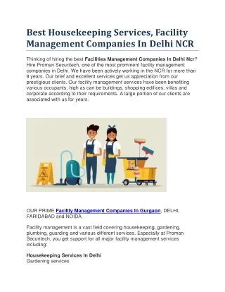 Best Housekeeping Services, Facility Management Companies In Delhi NCR