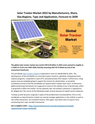 Solar Tracker Market 2022 by Manufacturers, Share, Size,Regions, Type and Applic