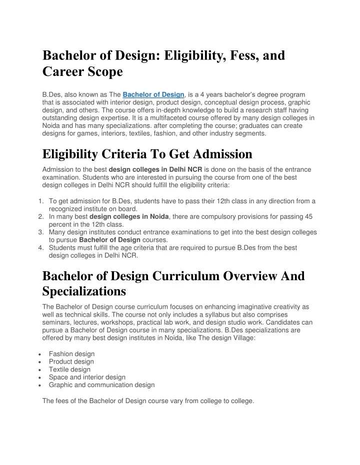 bachelor of design eligibility fess and career