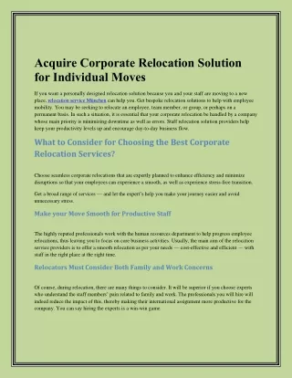 Acquire Corporate Relocation Solution For Individual Moves