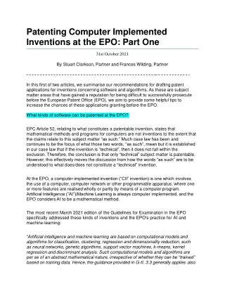 Patenting Computer Implemented Inventions at the EPO: Part One