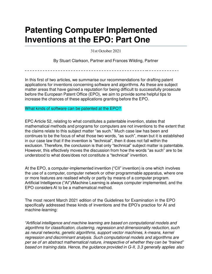 patenting computer implemented inventions at the epo part one