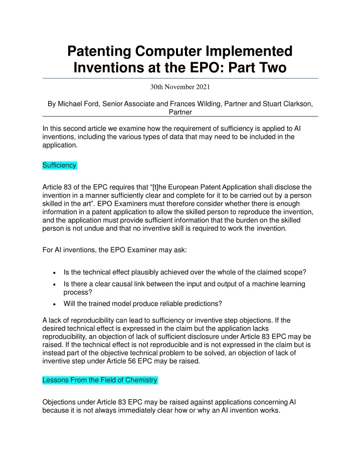 patenting computer implemented inventions at the epo part two
