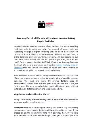 Sawhney Electrical Works is a Prominent Inverter Battery Shop in Faridabad