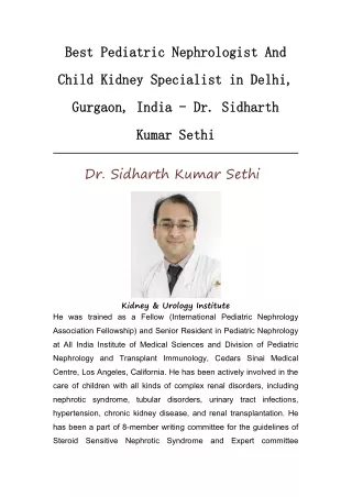 Best Pediatric Nephrologist And Child Kidney Specialist in Delhi, Gurgaon, India - Dr. Sidharth Kumar Sethi