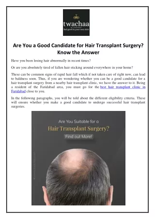 Are You a Good Candidate for Hair Transplant Surgery? Know the Answer