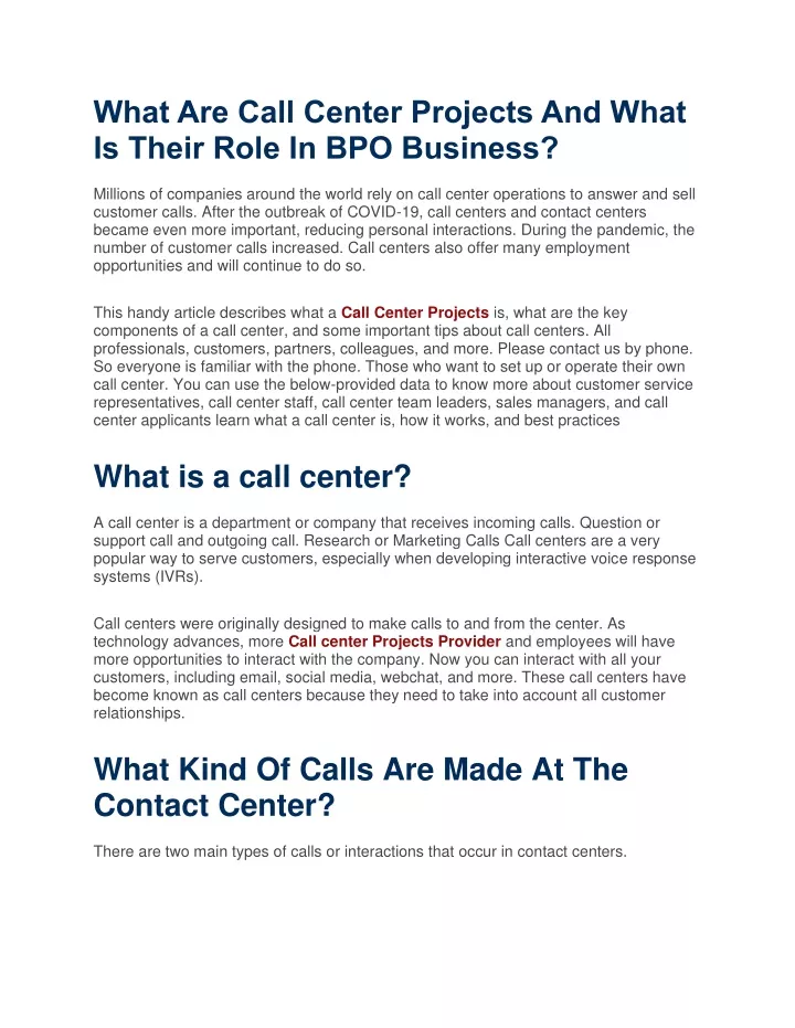 what are call center projects and what is their