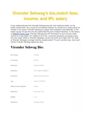 Virender Sehwag’s bio,match fees, income, and IPL salary