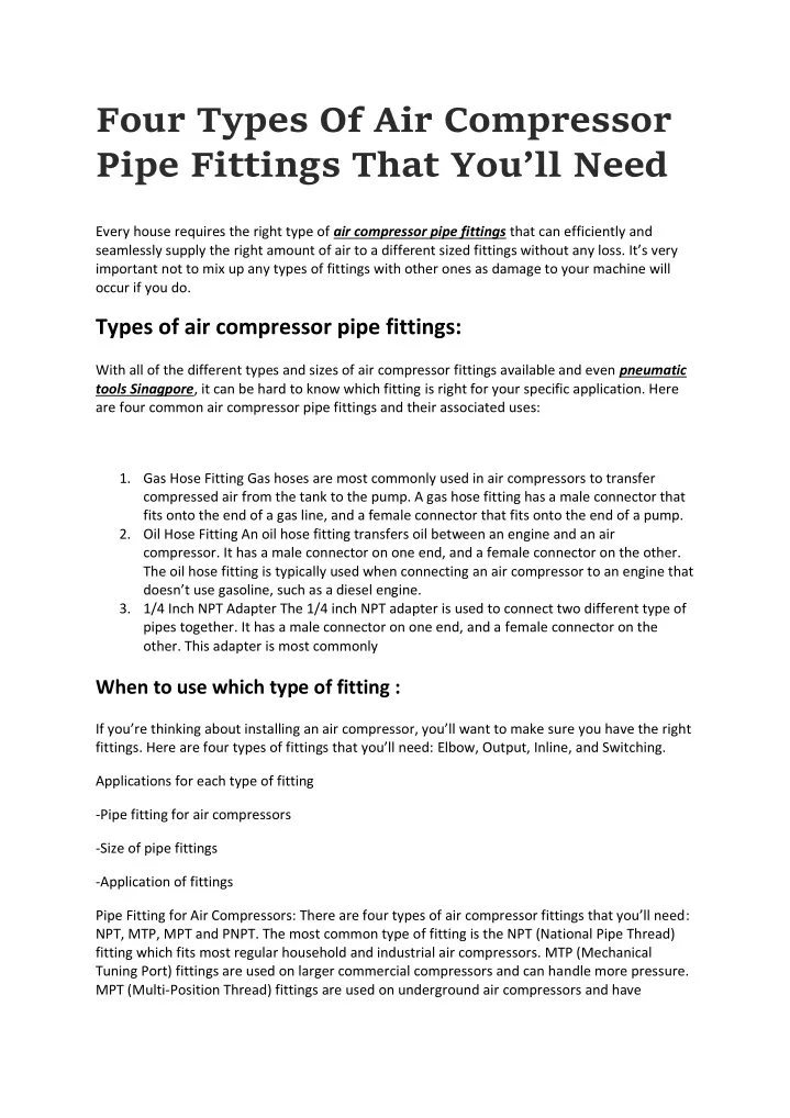 four types of air compressor pipe fittings that