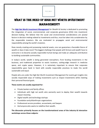 What is the need of High Net Worth Investment Management