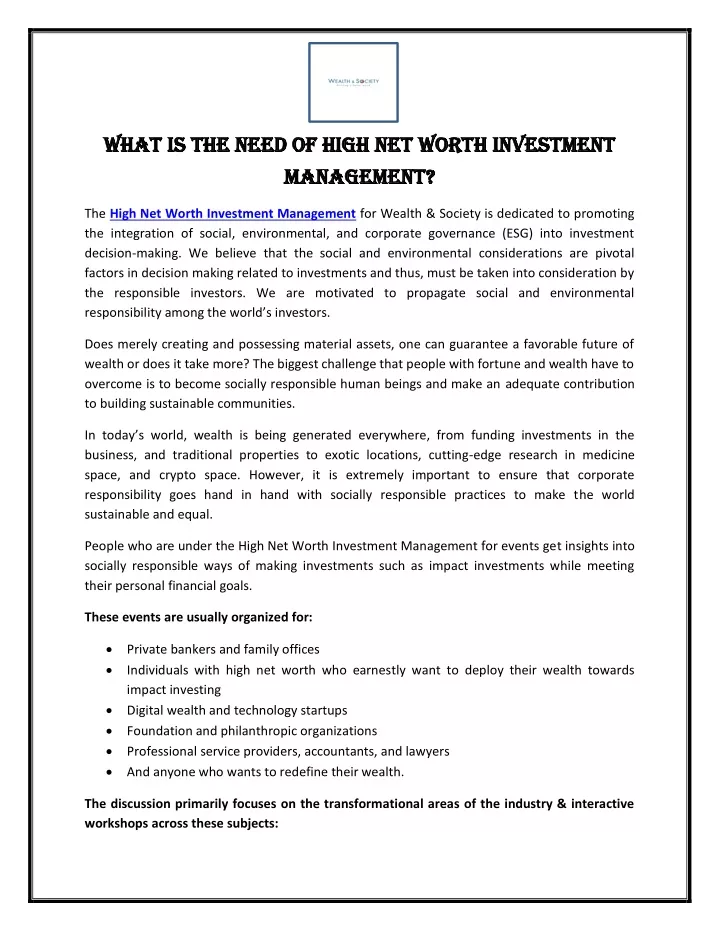 what is the need of high net worth investment