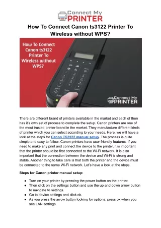 How To Connect Canon ts3122 Printer To Wireless without WPS