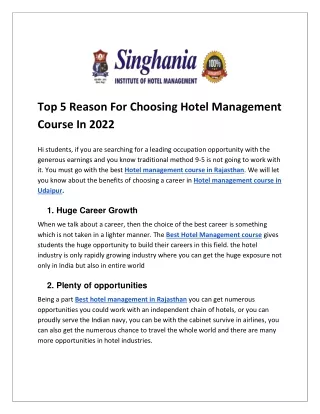 Top 5 Reason For Choosing Hotel Management Course In 2022