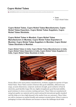 Cupro Nickel Tubes Exporters in India