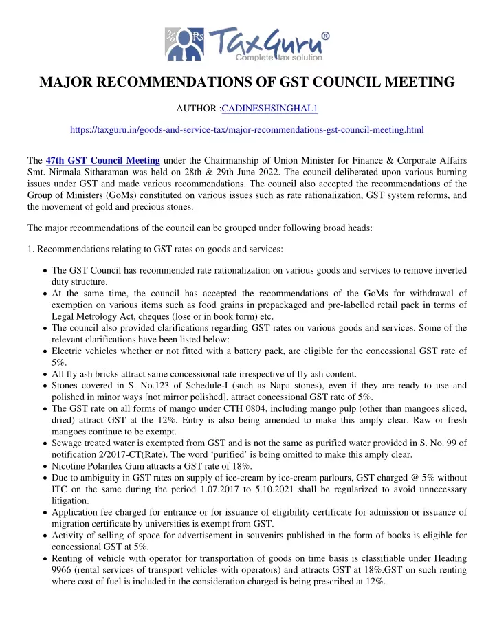 major recommendations of gst council meeting