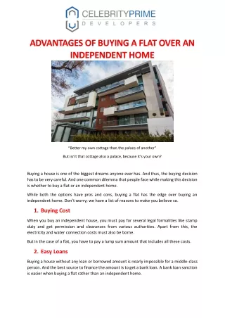 ADVANTAGES OF BUYING A FLAT OVER AN INDEPENDENT HOME