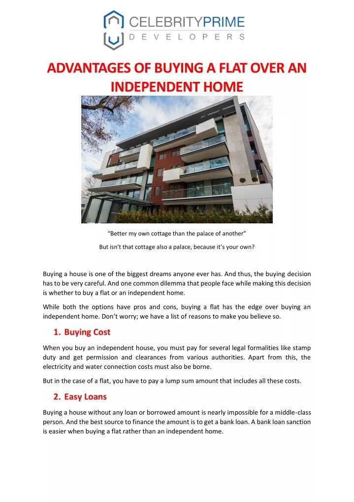 advantages of buying a flat over an independent