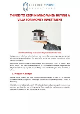 THINGS TO KEEP IN MIND WHEN BUYING A VILLA FOR MONEY INVESTMENT