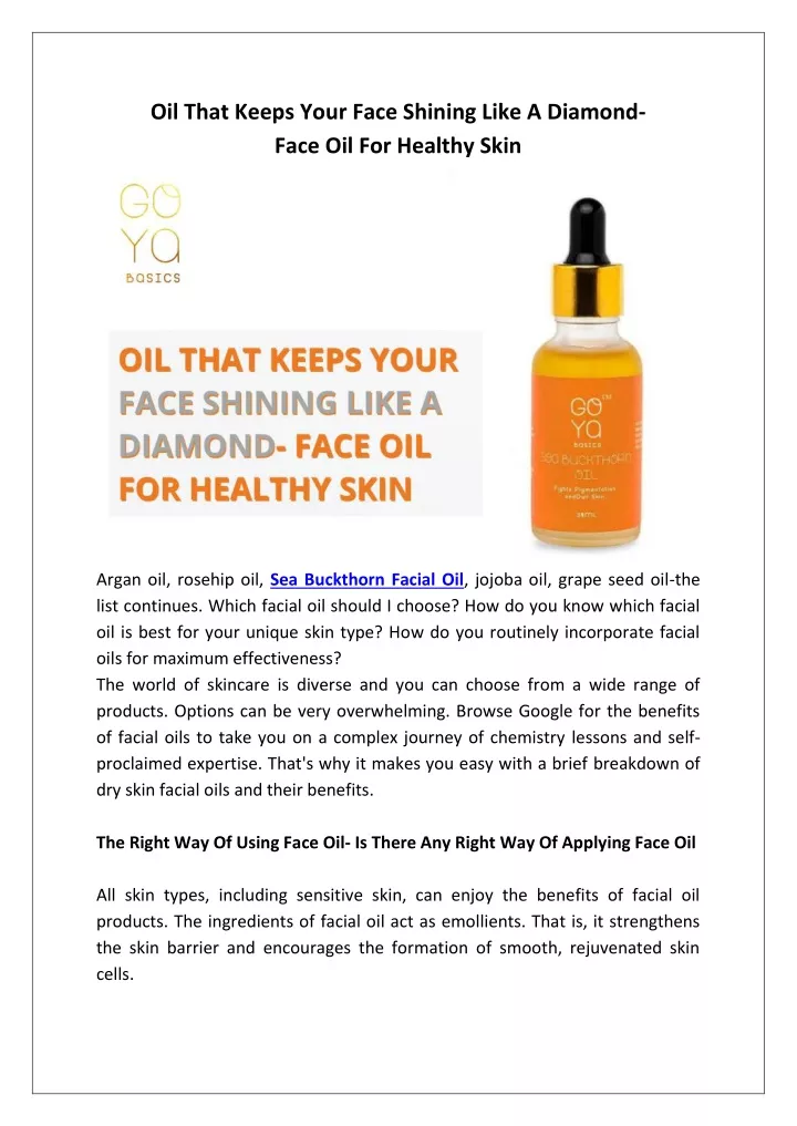 oil that keeps your face shining like a diamond