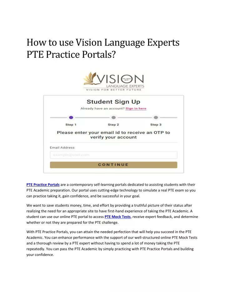 how to use vision language experts pte practice