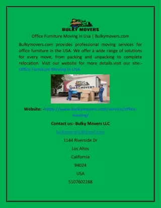 Office Furniture Moving in Usa Bulkymovers