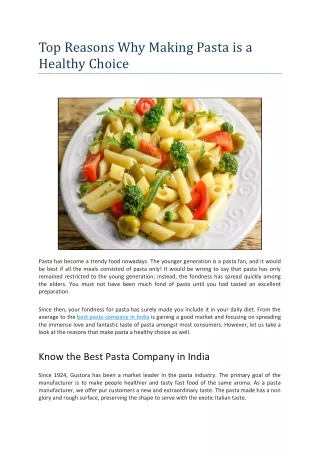 Top Reasons Why Making Pasta is a Healthy Choice