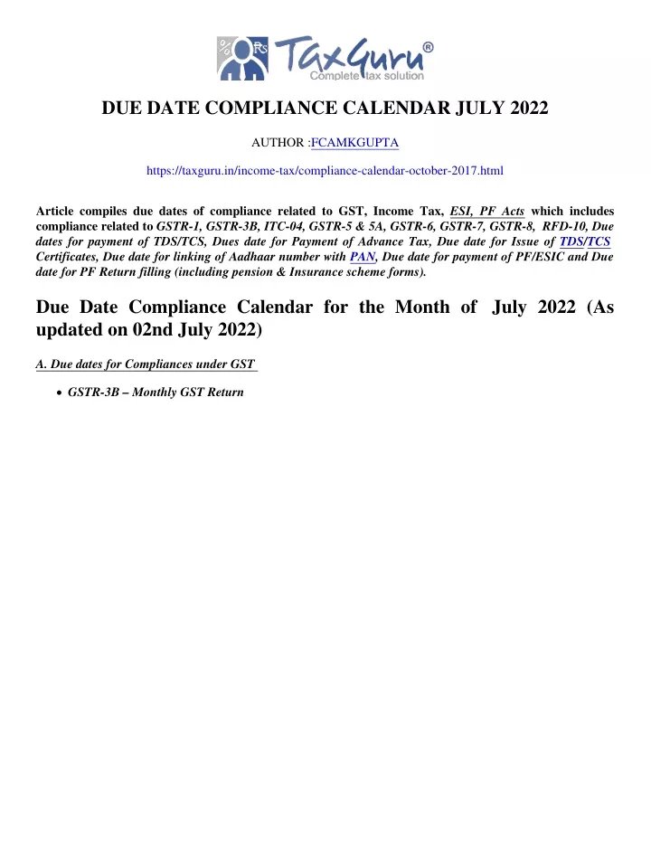 due date compliance calendar july 2022