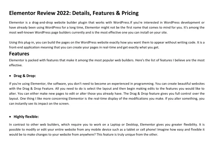 elementor review 2022 details features pricing