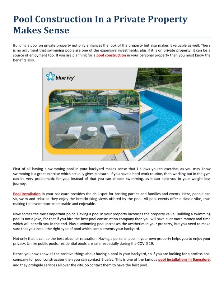 pool construction in a private property makes