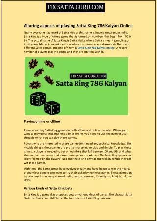 Alluring aspects of playing Satta King 786 Kalyan Online