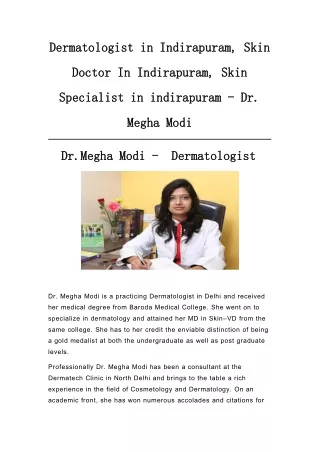 Dermatologist in Indirapuram, Skin Doctor In Indirapuram, Skin Specialist in indirapuram - Dr. Megha Modi