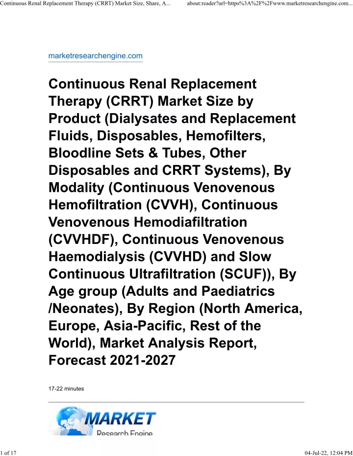 continuous renal replacement therapy crrt market