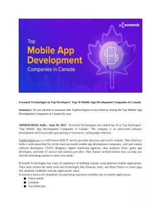 Ecosmob Technologies in Top Developers’ Top 10 Mobile App Development Companies