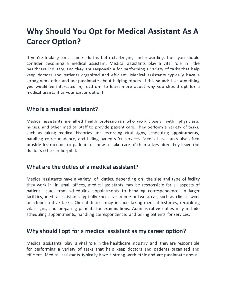 why should you opt for medical assistant as a career option