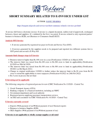 short summary related to e invoice under gst
