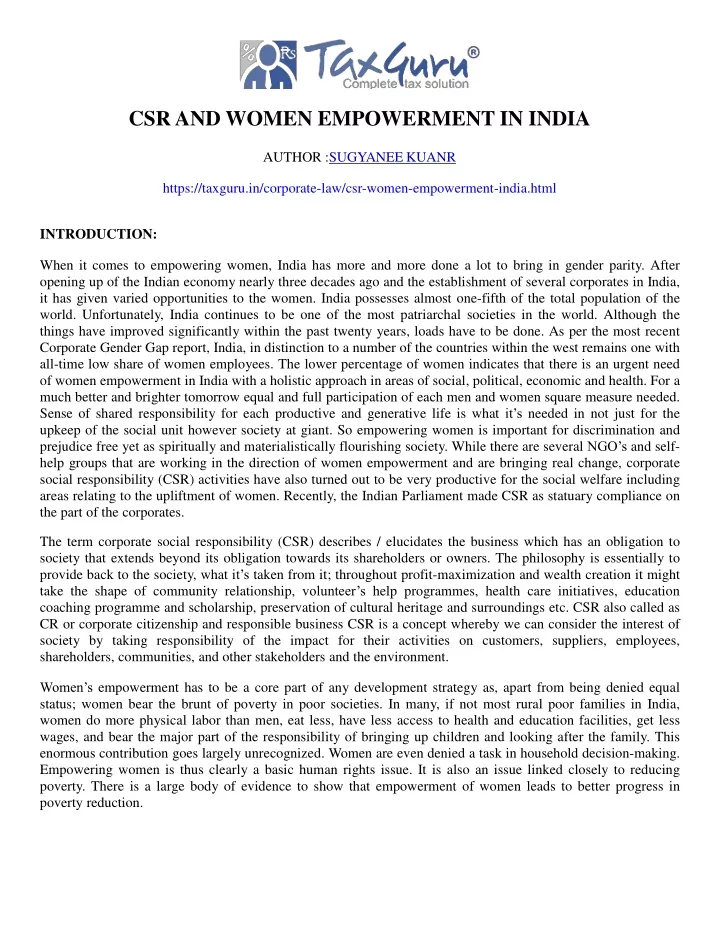 csr and women empowerment in india author