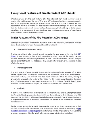 Exceptional Features of Fire Retardant ACP Sheets