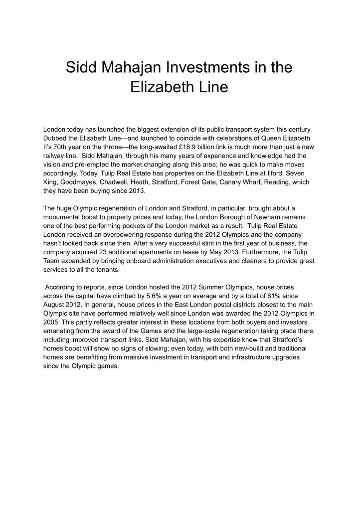 sidd mahajan investments in the elizabeth line