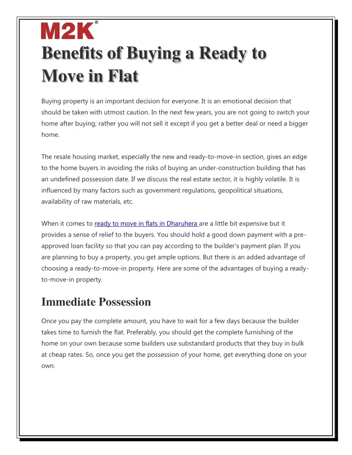 benefits of buying a ready to move in flat
