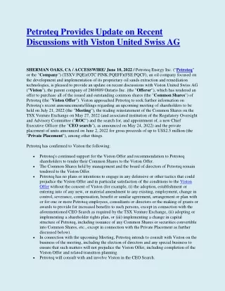 Petroteq Provides Update on Recent Discussions with Viston United Swiss AG