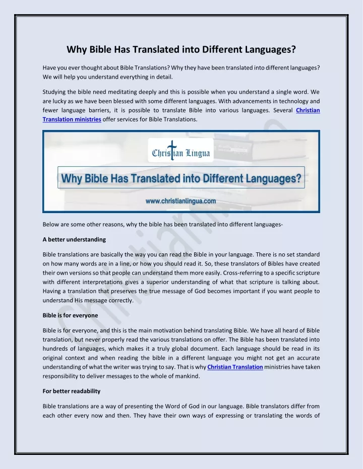 why bible has translated into different languages