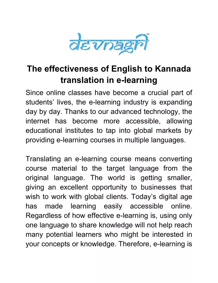 the effectiveness of english to kannada
