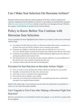 Can I Make Seat Selection On Hawaiian Airlines?