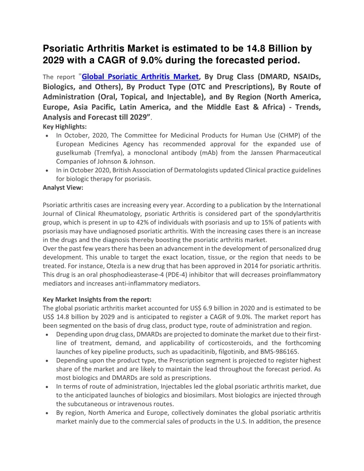 psoriatic arthritis market is estimated
